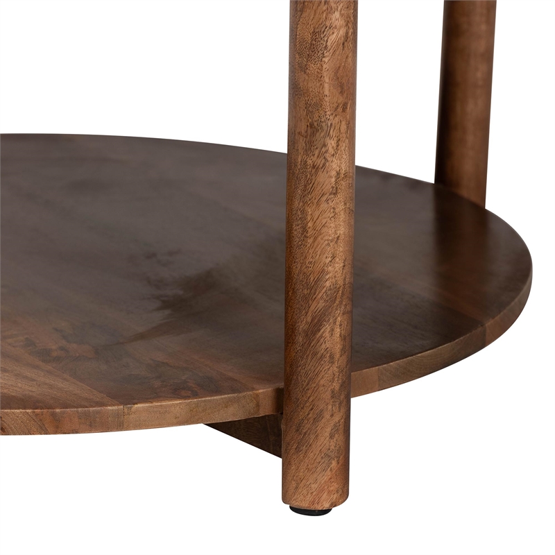 Pemberly Row Round Marble 2-Tier Coffee Table with Mango Wood Frame