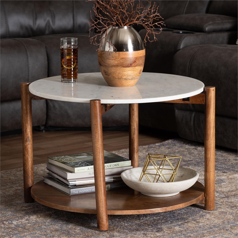 Pemberly Row Round Marble 2-Tier Coffee Table with Mango Wood Frame