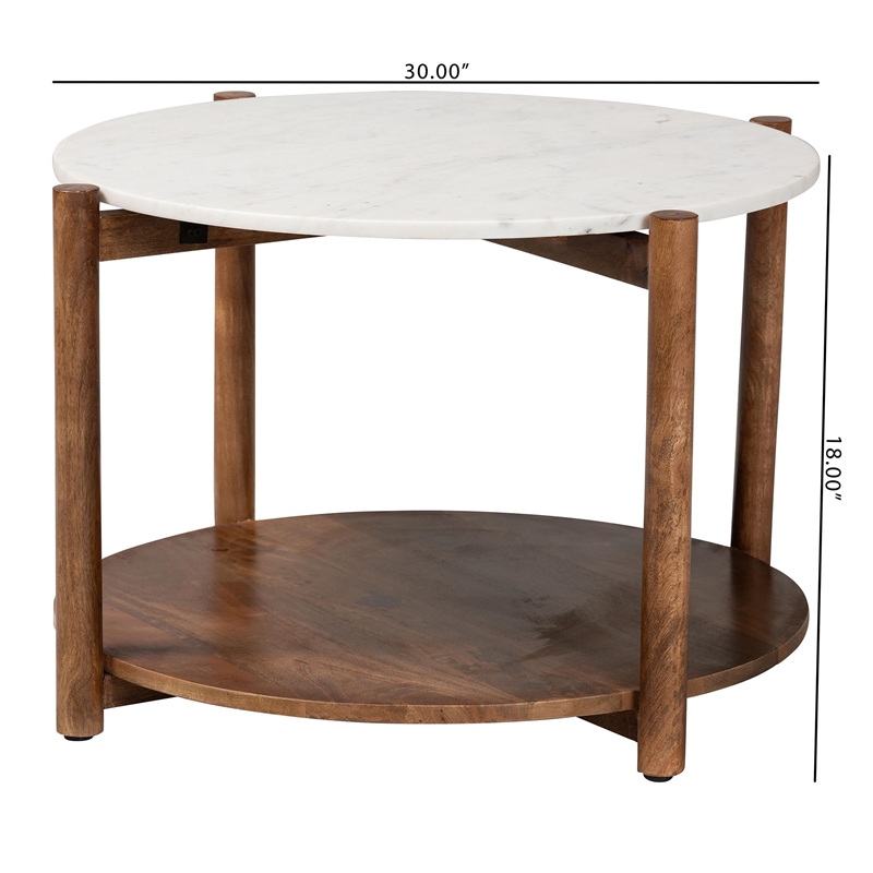 Pemberly Row Round Marble 2-Tier Coffee Table with Mango Wood Frame