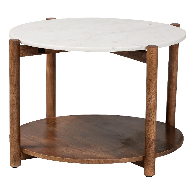 Pemberly Row Round Marble 2-Tier Coffee Table with Mango Wood Frame