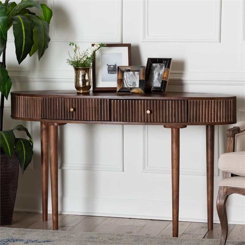 Pemberly Row Fluted Wood 2-Drawer Console Table with Oval Top