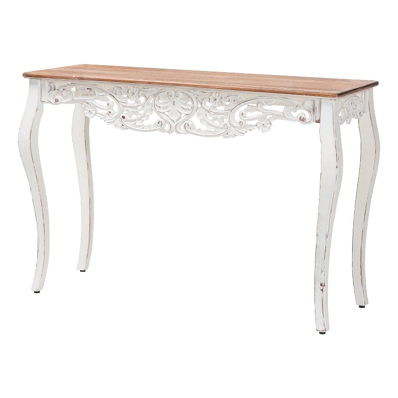 Pemberly Row Distressed Carved Wood Console Table with Cabriole Legs
