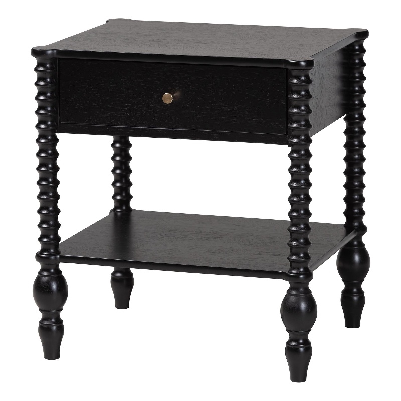 Pemberly Row Spindle 1-Drawer Farmhouse Nightstand with Open Shelf in Black
