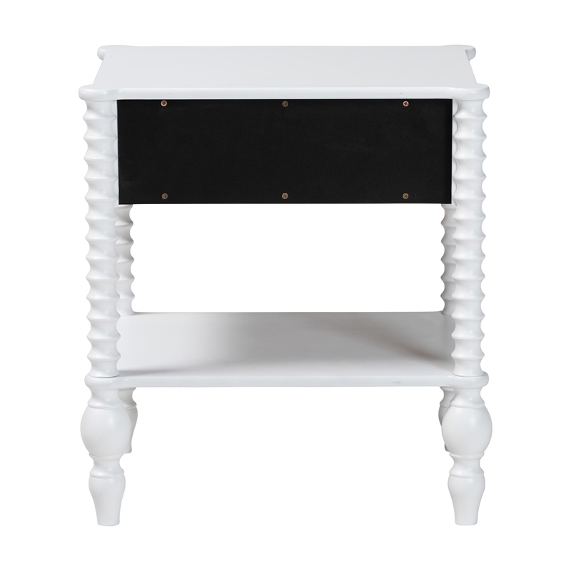 Pemberly Row Spindle 1-Drawer Farmhouse Nightstand with Open Shelf in White
