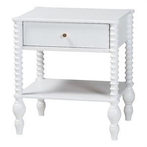 Pemberly Row Spindle 1-Drawer Farmhouse Nightstand with Open Shelf in White
