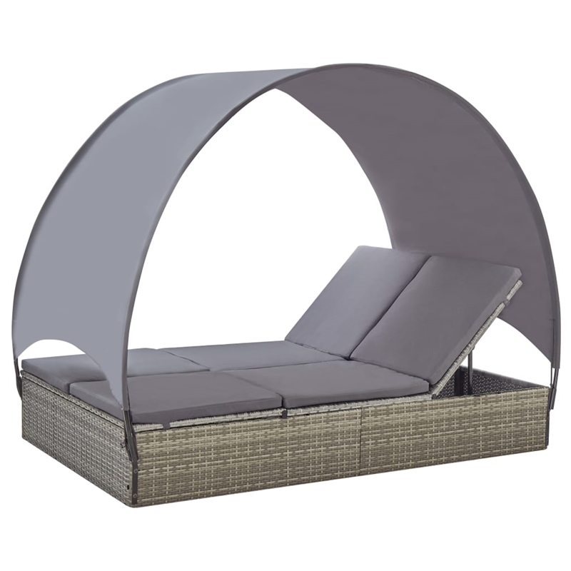 Pemberly Row PE Rattan Double Sun Lounger with Canopy in Gray & Dark Gray