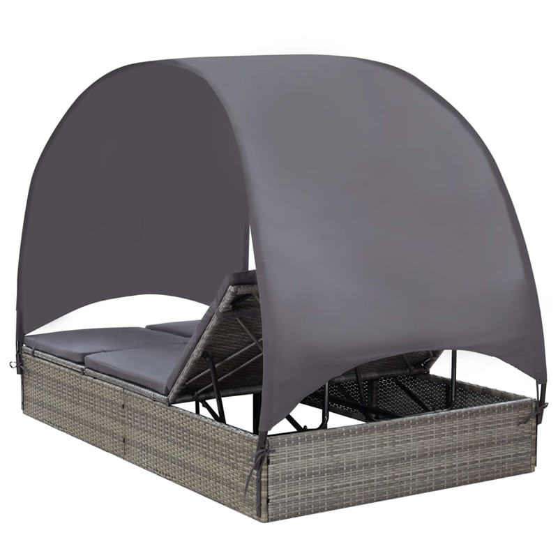 Pemberly Row PE Rattan Double Sun Lounger with Canopy in Gray & Dark Gray