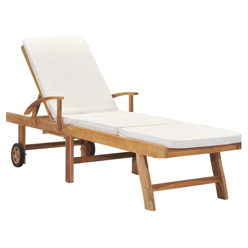 Pemberly Row Solid Teak Wood Sun Lounger with Adjustable Footrests in Cream