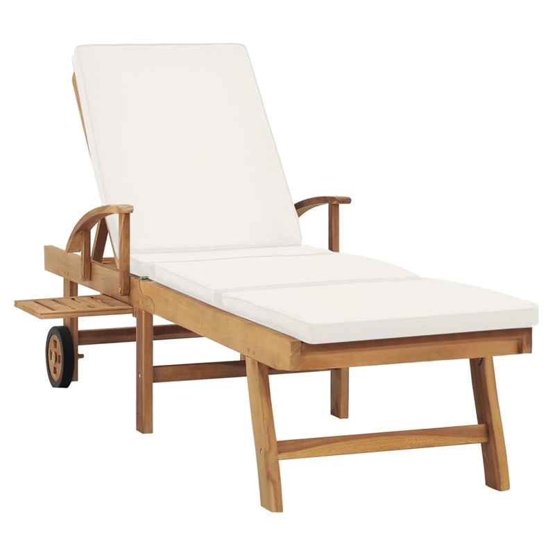 Pemberly Row Solid Teak Wood Sun Lounger with Adjustable Footrests in Cream