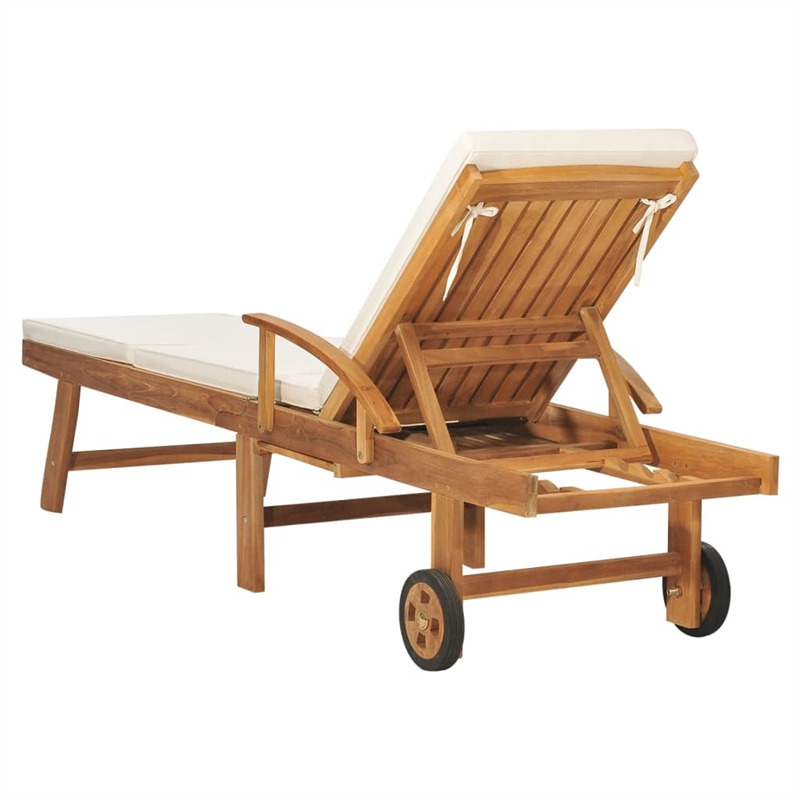 Pemberly Row Solid Teak Wood Sun Lounger with Adjustable Footrests in Cream
