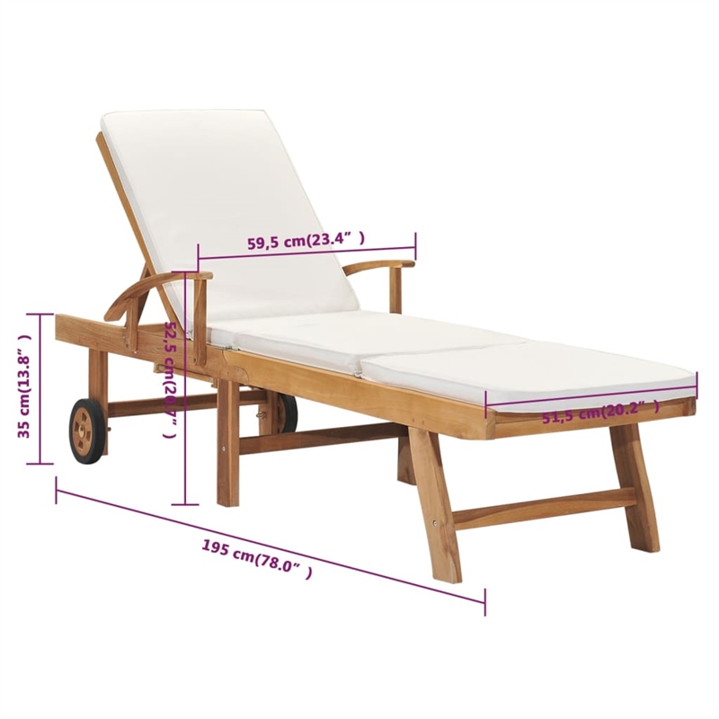 Pemberly Row Solid Teak Wood Sun Lounger with Adjustable Footrests in Cream