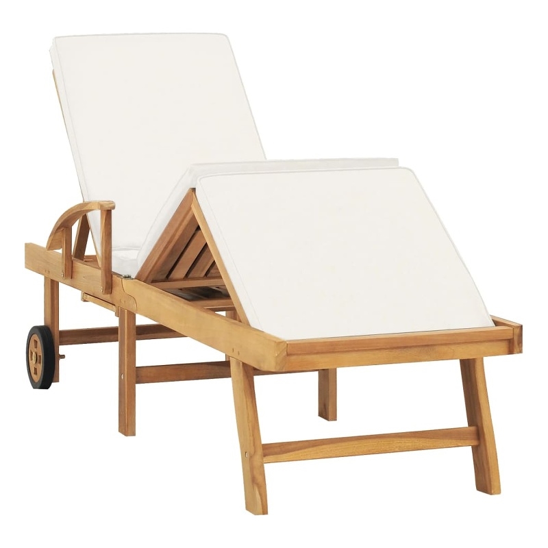 Pemberly Row Solid Teak Wood Sun Lounger with Adjustable Footrests in Cream