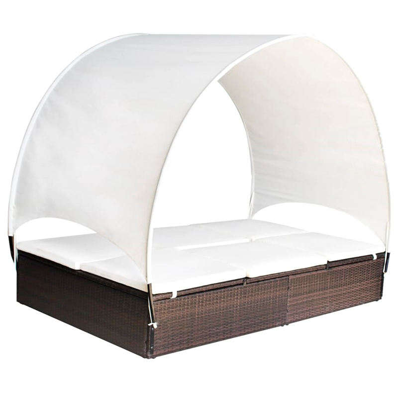 Pemberly Row Double Sun Lounger with Canopy and Cushions in Brown & White