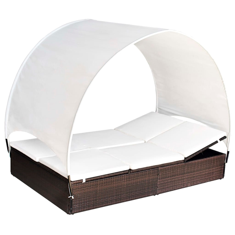 Pemberly Row Double Sun Lounger with Canopy and Cushions in Brown & White