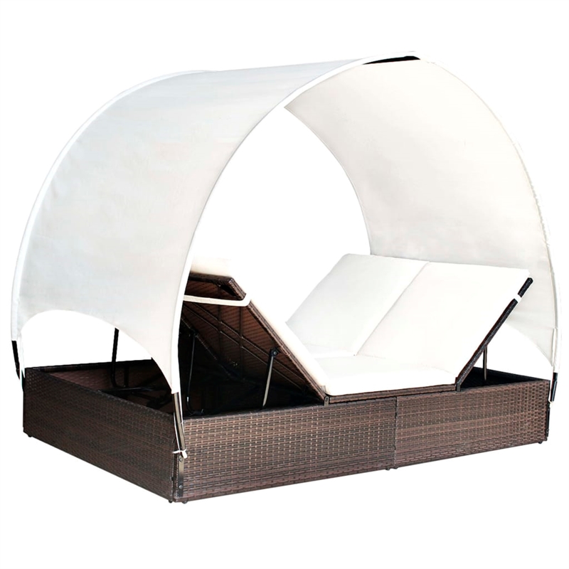 Pemberly Row Double Sun Lounger with Canopy and Cushions in Brown & White