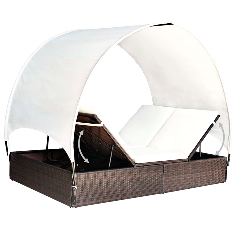 Pemberly Row Double Sun Lounger with Canopy and Cushions in Brown & White