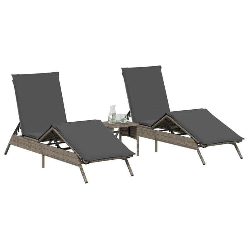 Pemberly Row PE Rattan 2-Seater Sun Lounger Set with Side Table in Gray