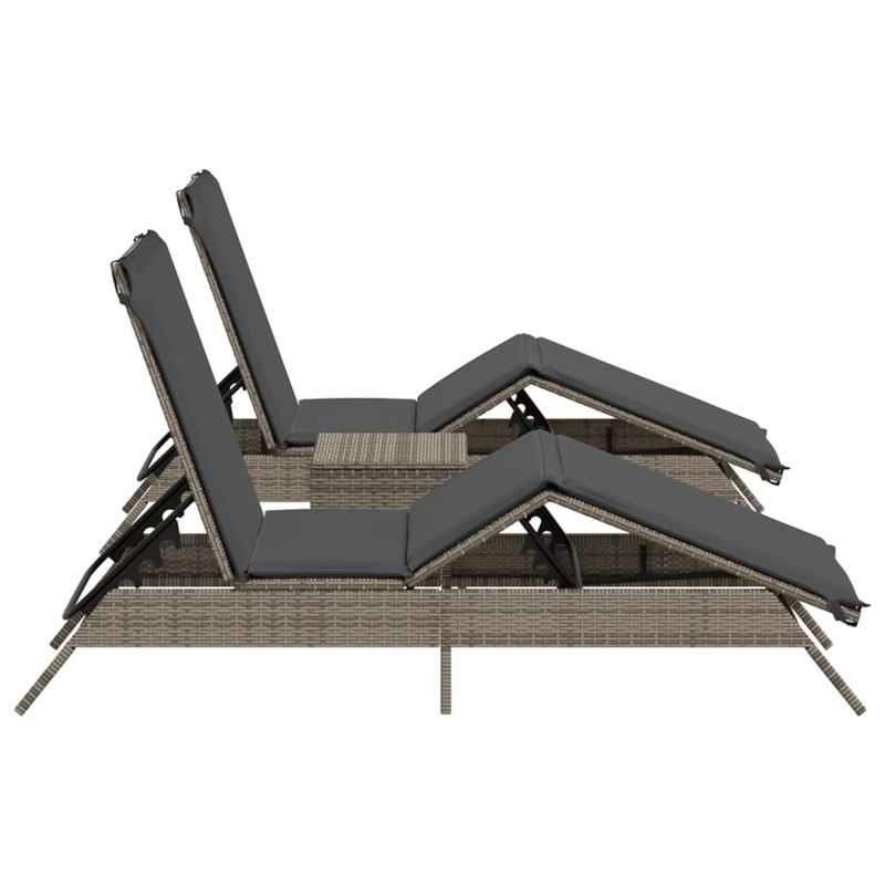 Pemberly Row PE Rattan 2-Seater Sun Lounger Set with Side Table in Gray