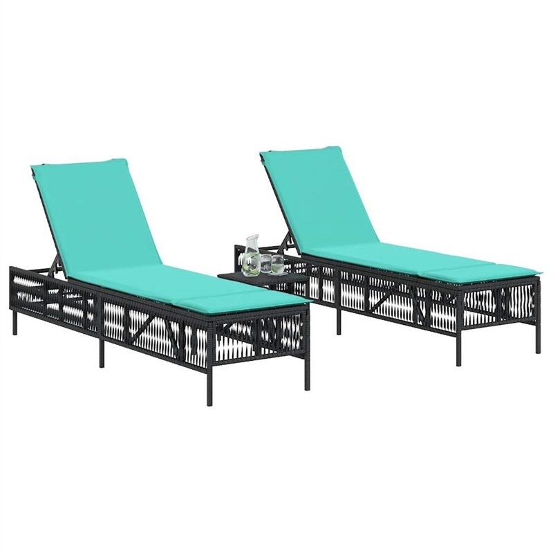 Pemberly Row PE Rattan Patio Sun Lounger Set with Side Table in Black