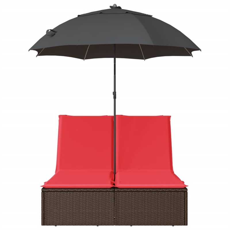 Pemberly Row Rattan Double Sun Lounger with Cushions and Parasol in Brown