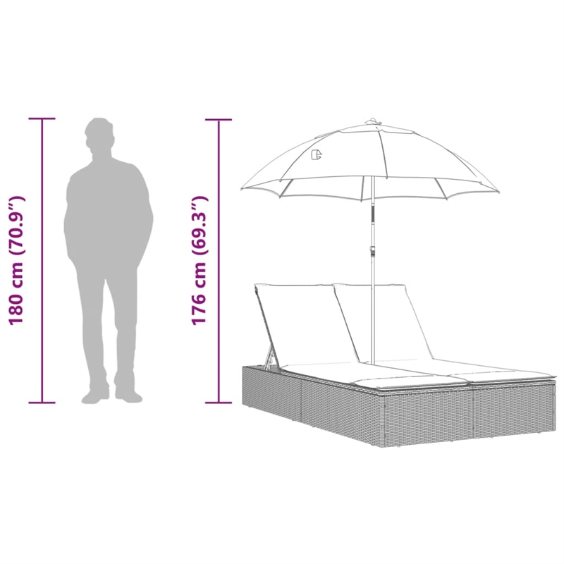 Pemberly Row Rattan Double Sun Lounger with Cushions and Parasol in Brown