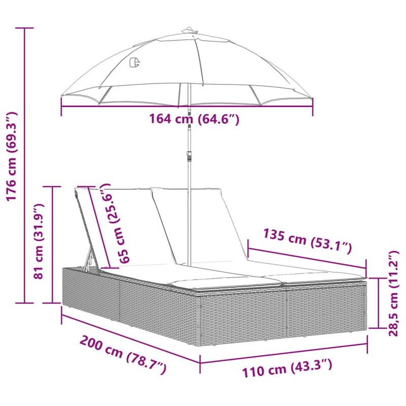Pemberly Row Rattan Double Sun Lounger with Cushions and Parasol in Gray