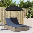 Pemberly Row Rattan Double Sun Lounger with Cushions and Parasol in Gray