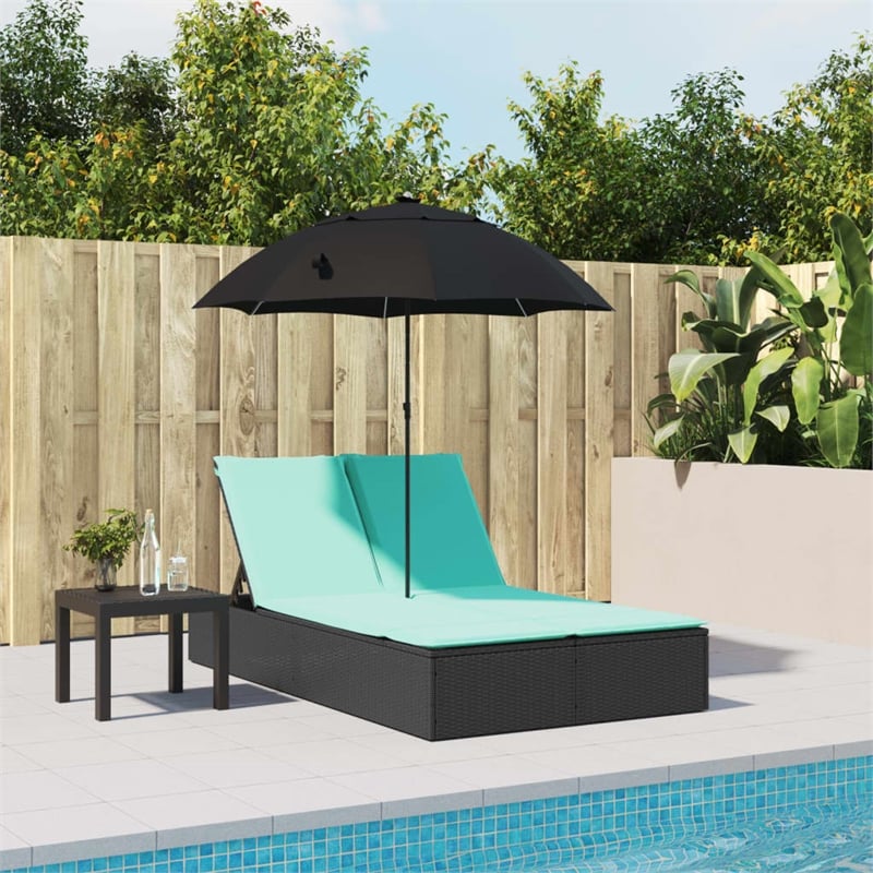 Pemberly Row Rattan Double Sun Lounger with Cushions and Parasol in Black