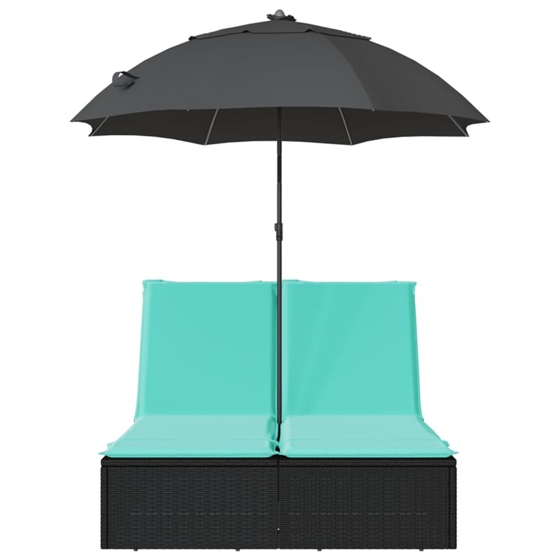 Pemberly Row Rattan Double Sun Lounger with Cushions and Parasol in Black