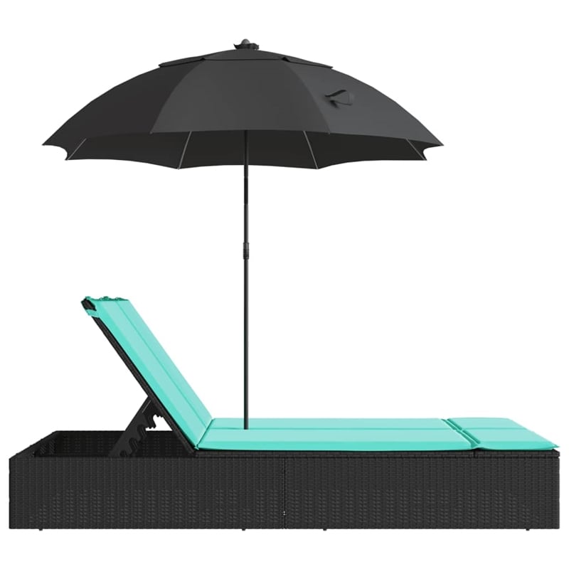 Pemberly Row Rattan Double Sun Lounger with Cushions and Parasol in Black