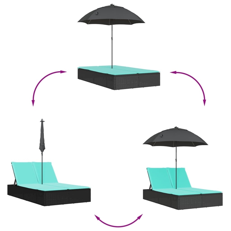 Pemberly Row Rattan Double Sun Lounger with Cushions and Parasol in Black