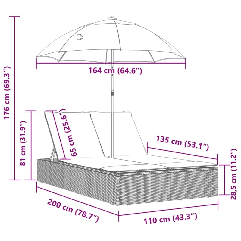 Pemberly Row Rattan Double Sun Lounger with Cushions and Parasol in Black