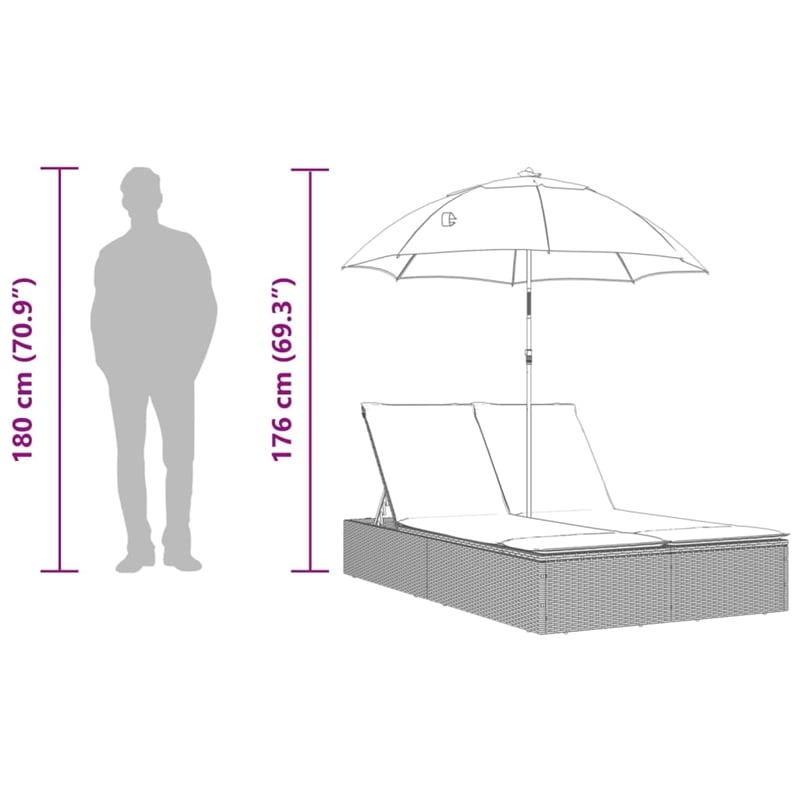 Pemberly Row Rattan Double Sun Lounger with Cushions and Parasol in Black