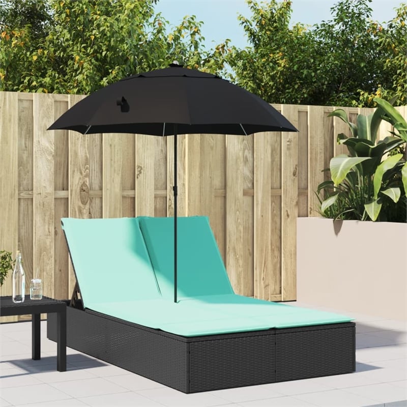 Pemberly Row Rattan Double Sun Lounger with Cushions and Parasol in Black