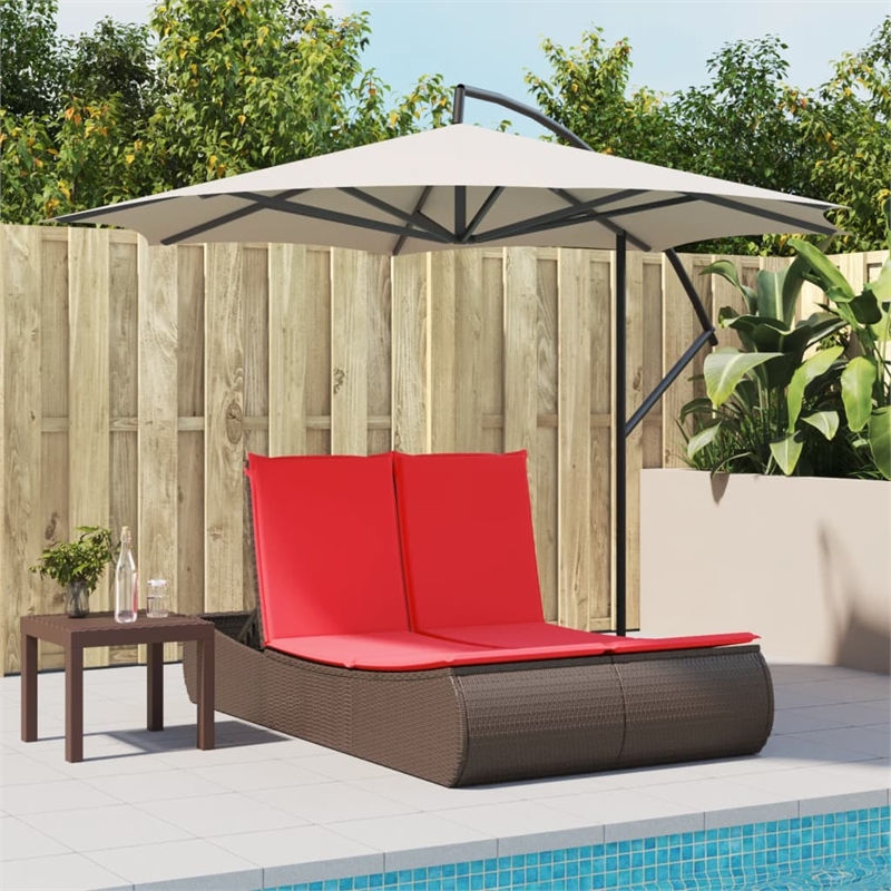 Pemberly Row Poly Rattan Double Sun Lounger with Padded Cushions in Brown