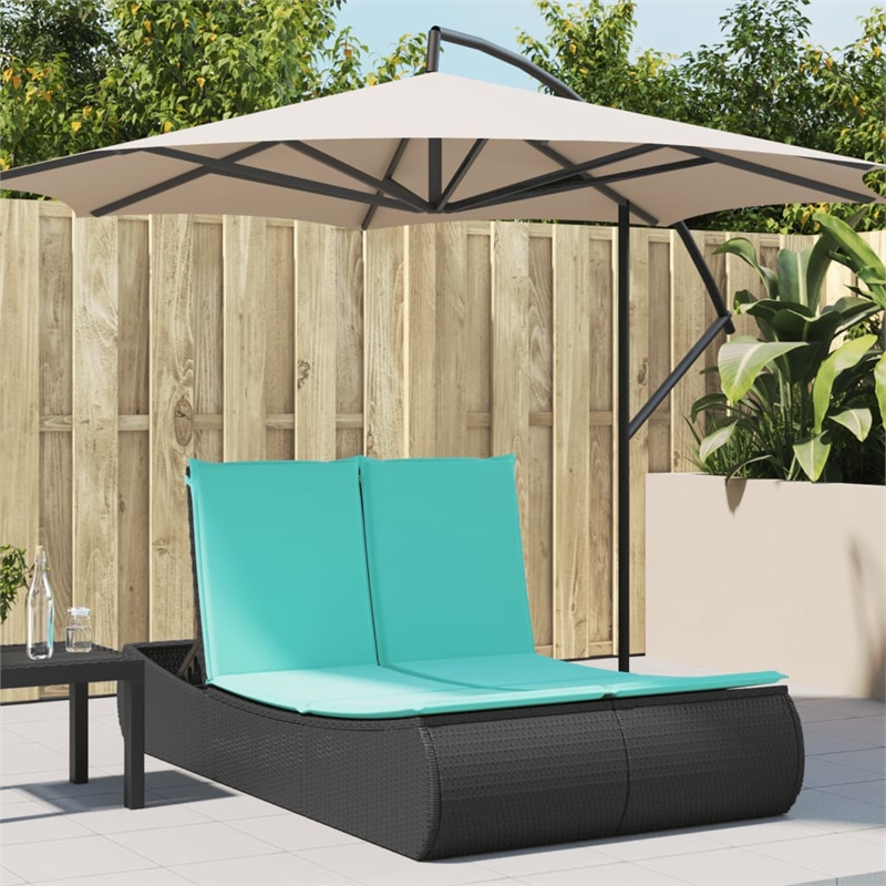 Pemberly Row Poly Rattan Double Sun Lounger with Padded Cushions in Black