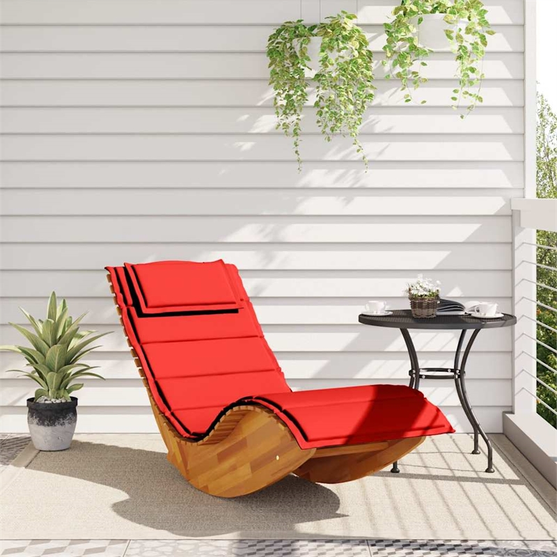 Pemberly Row Solid Acacia Wood Rocking Sun Lounger with Cushion in Red
