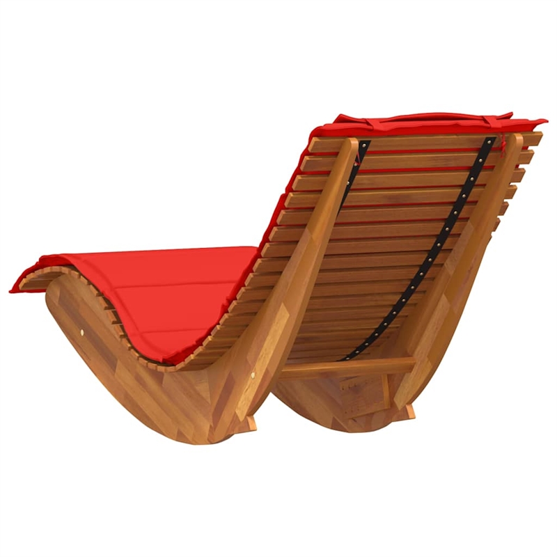 Pemberly Row Solid Acacia Wood Rocking Sun Lounger with Cushion in Red