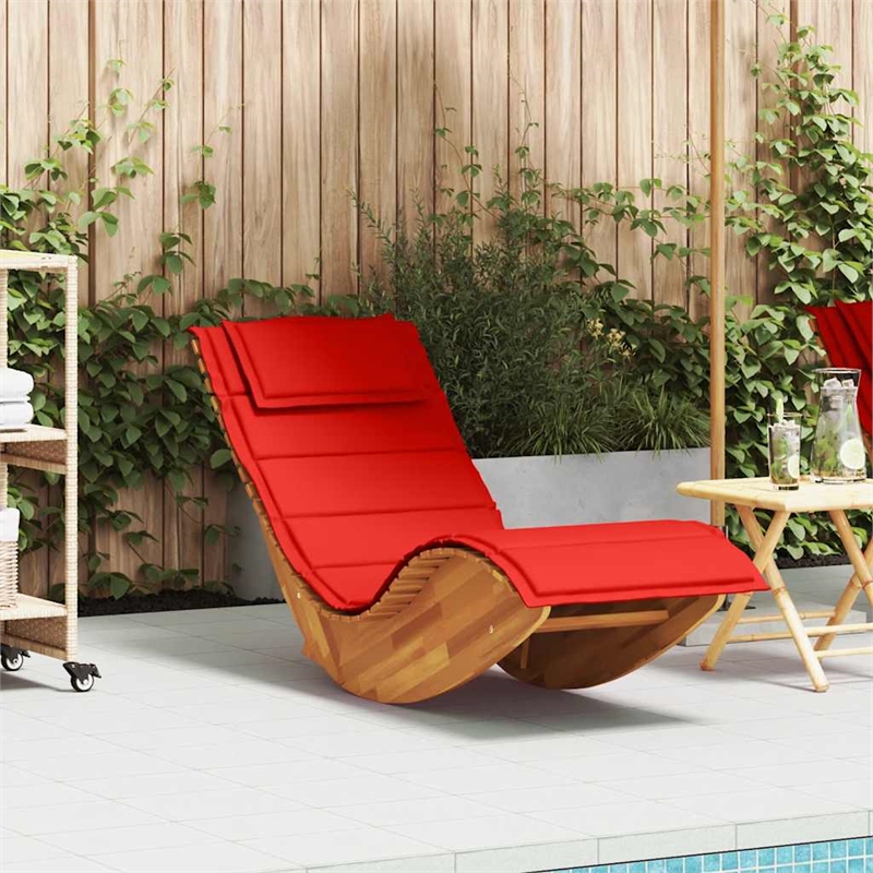 Pemberly Row Solid Acacia Wood Rocking Sun Lounger with Cushion in Red