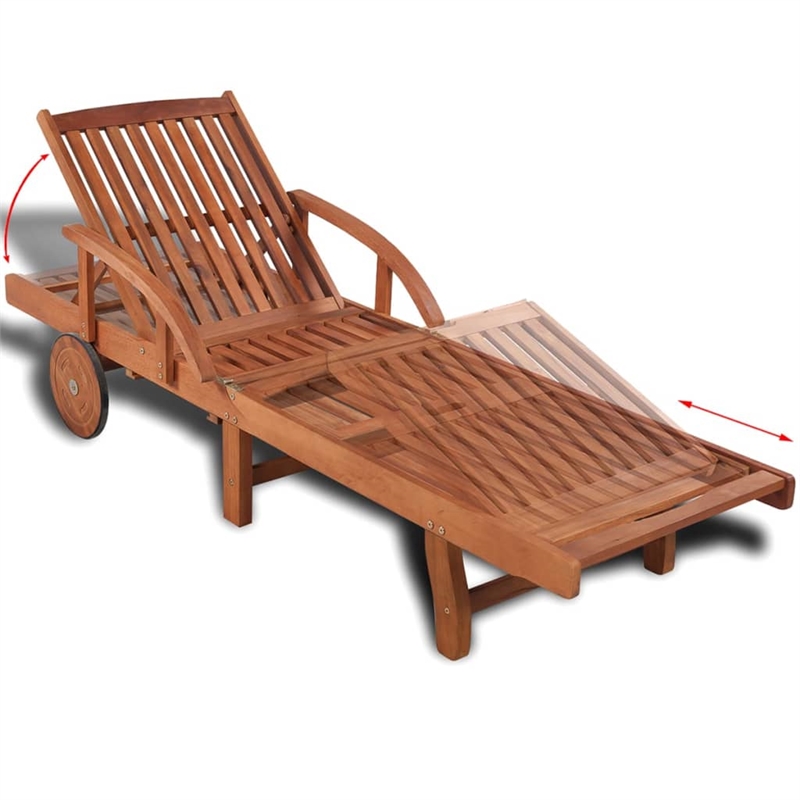 Pemberly Row Solid Acacia Wood Sun Lounger with Pull-Out Table in Natural
