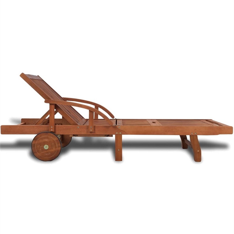 Pemberly Row Solid Acacia Wood Sun Lounger with Pull-Out Table in Natural