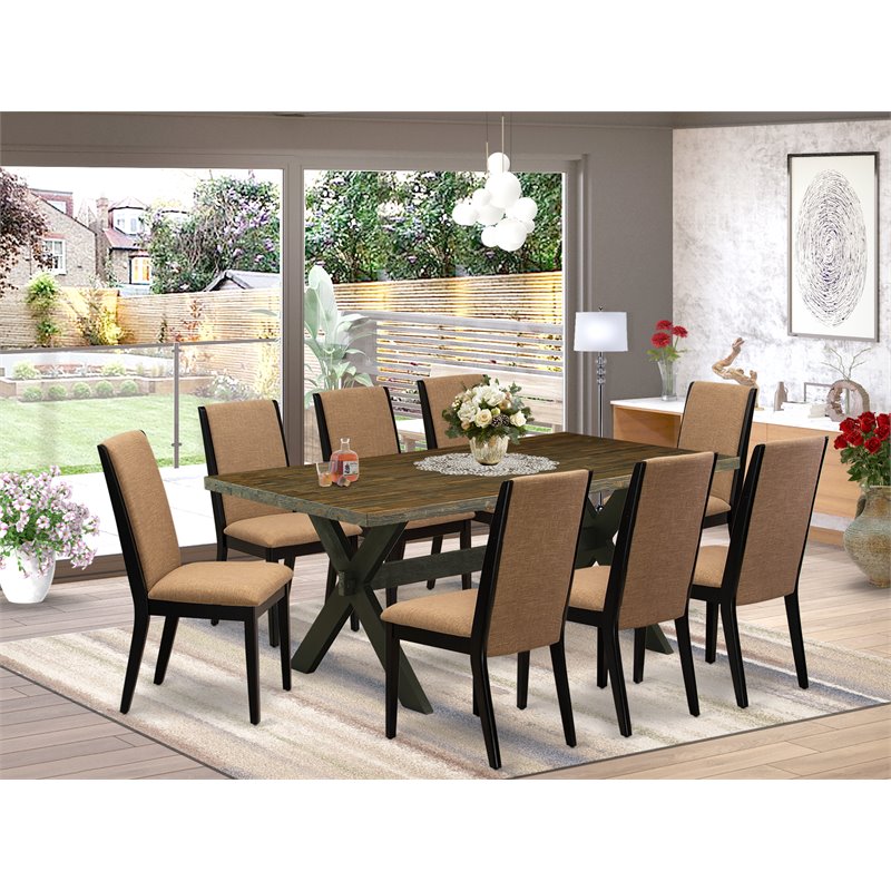 Pemberly Row 9-Piece Dining Set with Wood Table in Black/Light Sable