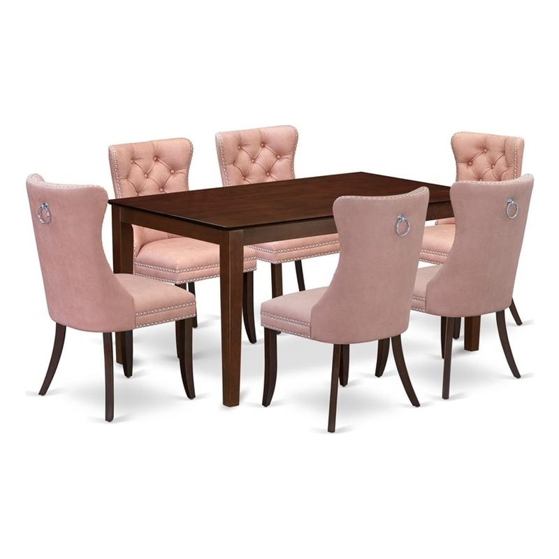 Pemberly Row 7-Piece Mahogany Dining Set with Beige Red Faux Leather Chairs