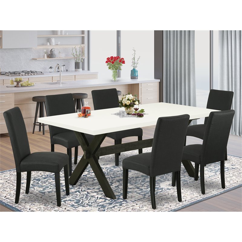 Pemberly Row X-Style 7-Piece Dining Set in White and Black with Wood Table