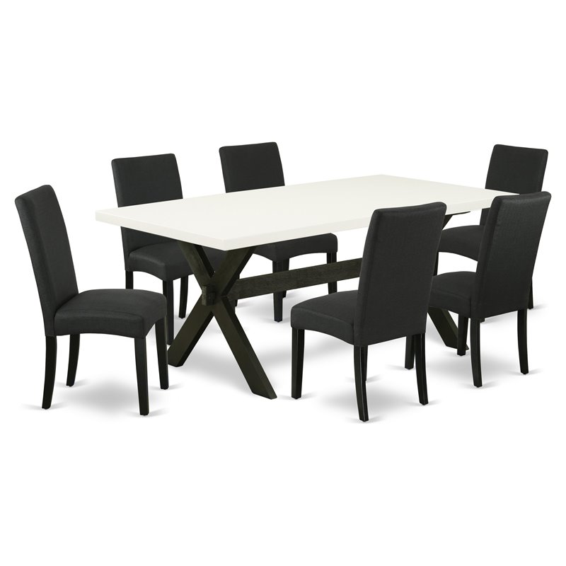 Pemberly Row X-Style 7-Piece Dining Set in White and Black with Wood Table