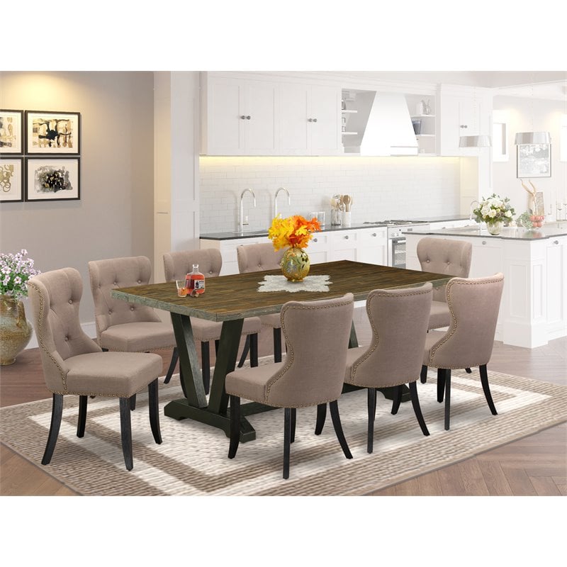 Pemberly Row 9-Piece Wood Dining Table Set with Linen Fabric Chairs