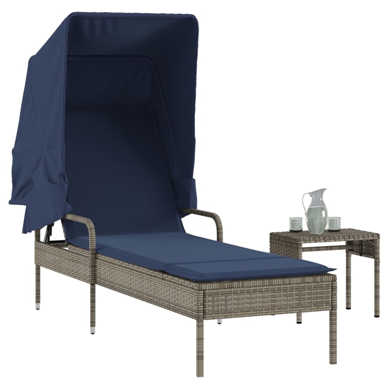 Pemberly Row PE Rattan Patio Sun Lounger with Canopy and Table in Gray
