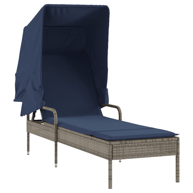 Pemberly Row PE Rattan Patio Sun Lounger with Canopy and Table in Gray