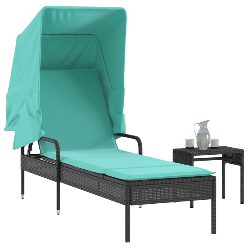 Pemberly Row PE Rattan Patio Sun Lounger with Canopy and Tea Table in Black