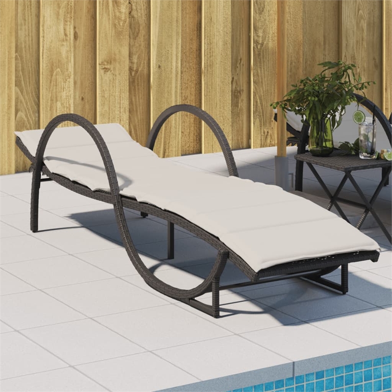 Pemberly Row PE Rattan Sun Lounger with Cushion in Black and Cream White